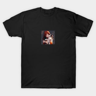 Illustration of woman hugging cat in anime style T-Shirt